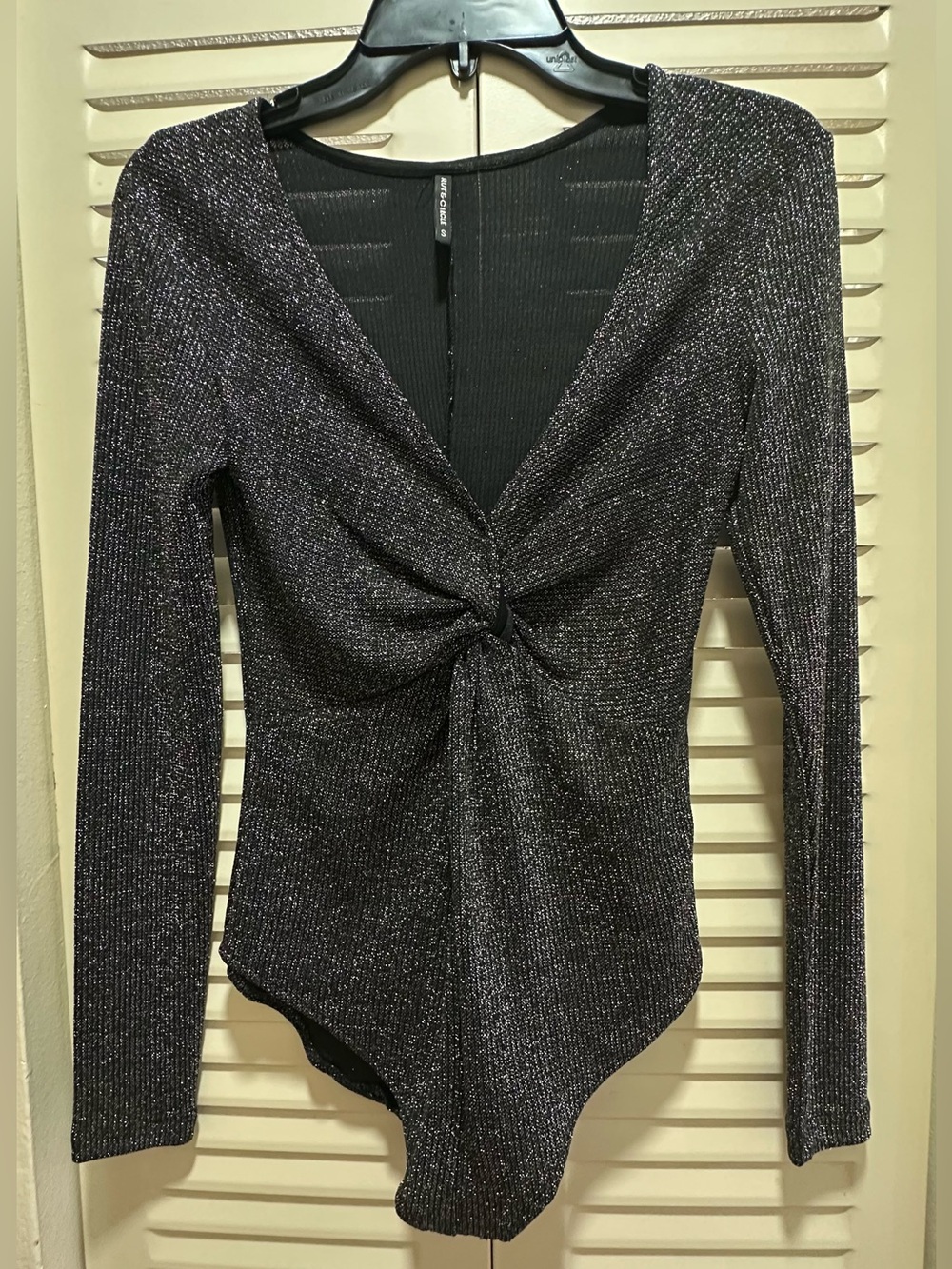 Women's Black Metallic Twist-Front Bodysuit